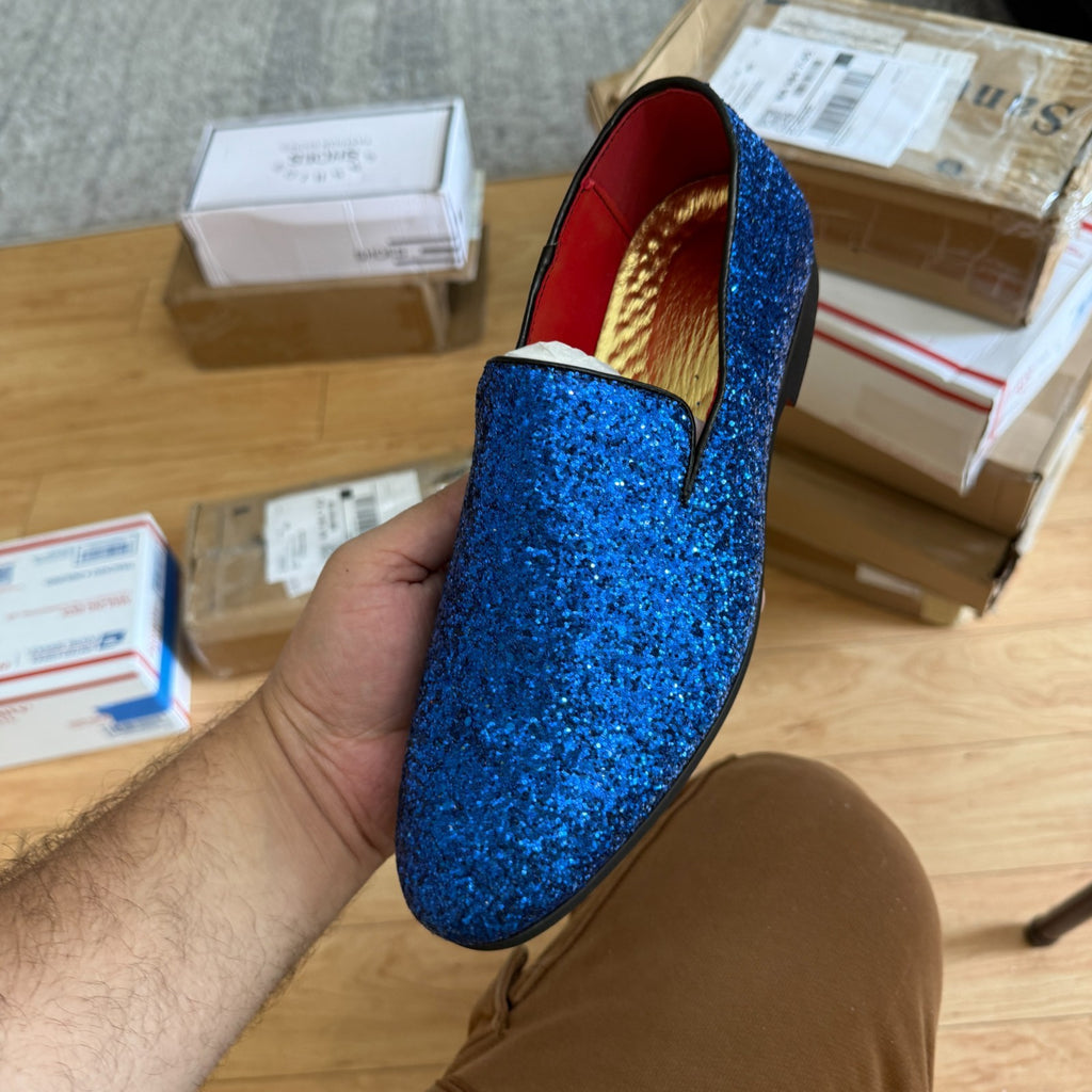 Santimon Men's US 8.5, 9.5 Blue Glitter Slip On Loafers Sequin Dress Shoes