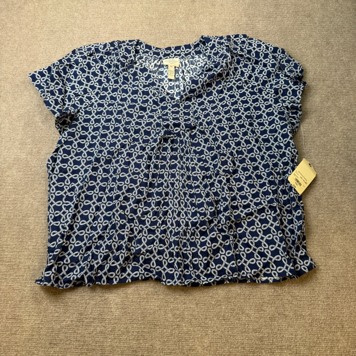 MSRP $38 St. John's Bay Womens XL Petite Navy Knots V Neck Blouse Short Sleeve