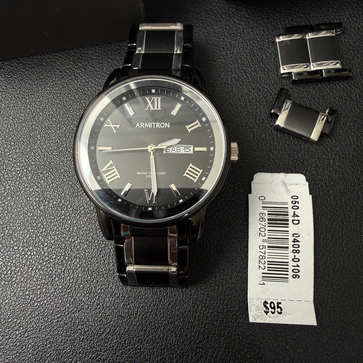 MSRP $95 Armitron 20/4935TB Men's Day/Date Black/Silver Tone Bracelet Watch Ne
