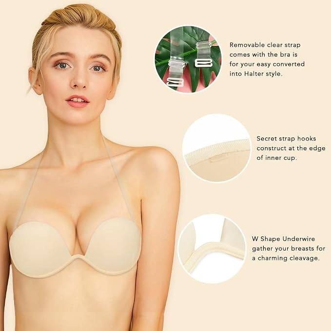 MSRP $34 JOATEAY Womens A-Cup Strapless Backless Bra Plunge Push Up Adhesive