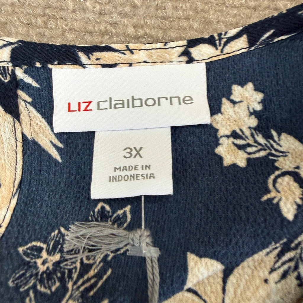MSRP $48 Liz Claiborne Womens 3X Navy Floral Short Sleeve Blouse Round Neck