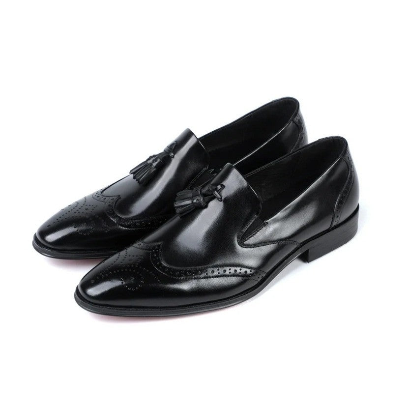 Santimon Men's US 8 Black Tassel Loafers Wingtip Brogue Slip on Shoes