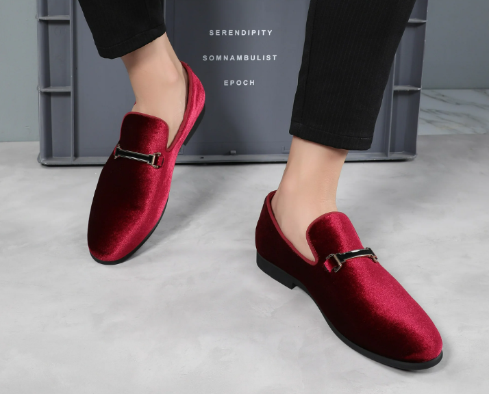 Santimon Men's US 8 - 10 Red Dress Loafers Velvet Horsebit Buckle Moccasin Shoes