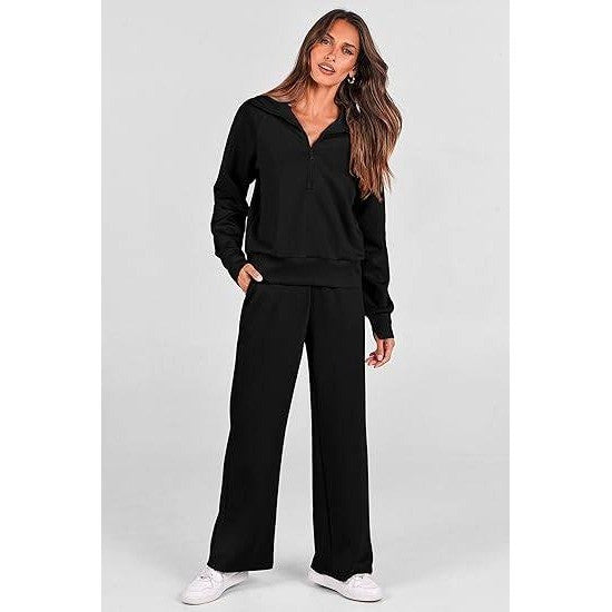 MSRP $46 PRETTYGARDEN Women's S Black 2 Piece Outfits Casual Lapel Half Zip S