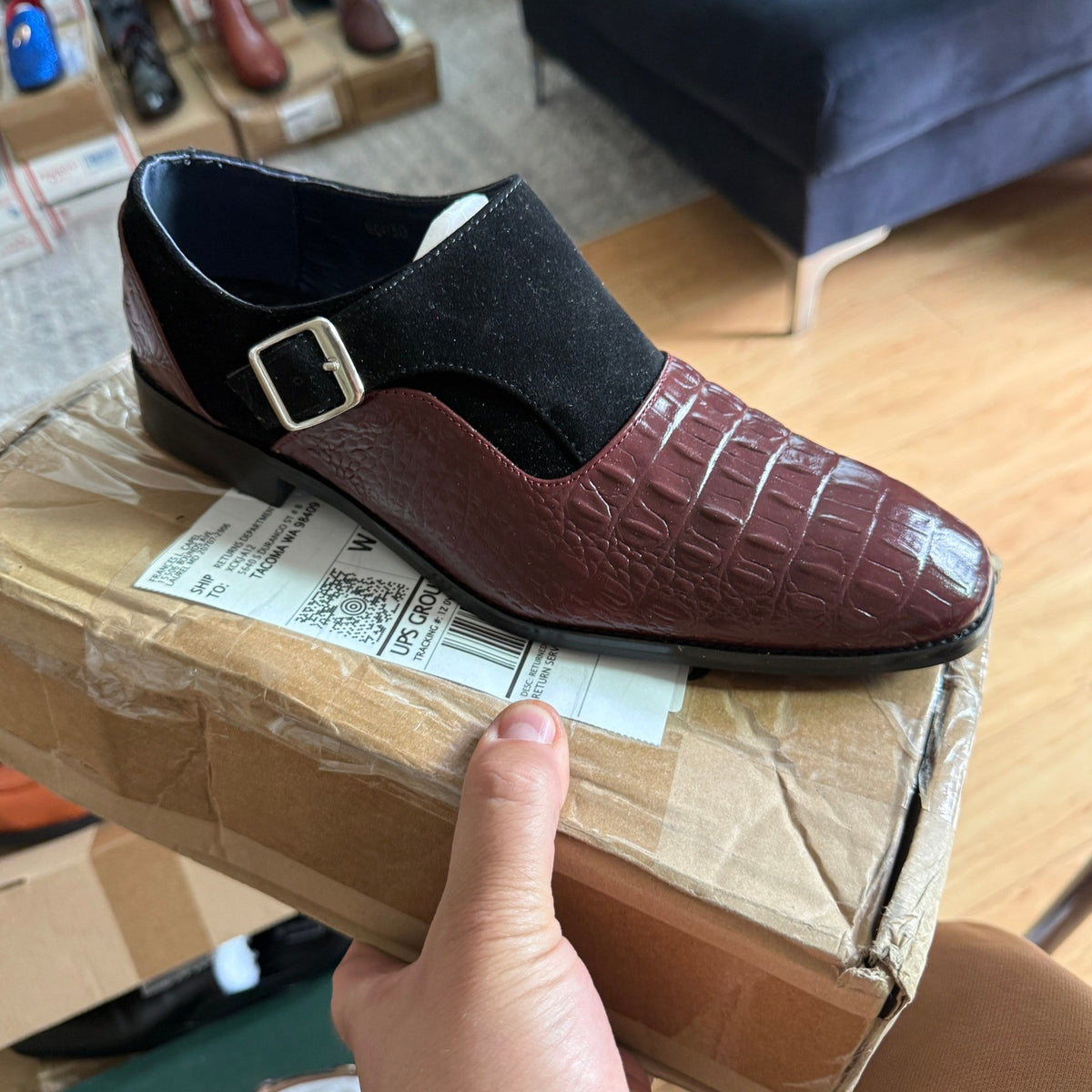 Men's US 8.5 Red Pattern Leather Patchwork Monk Strap Loafers Fashion Classic P
