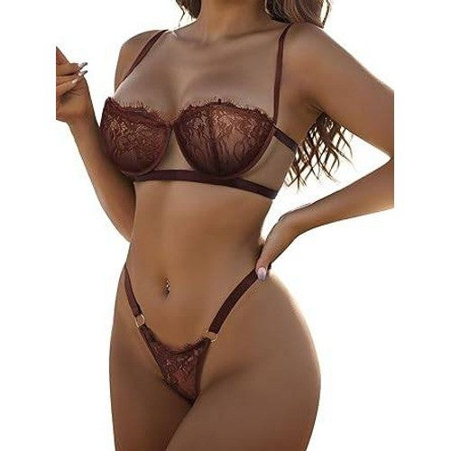 MSRP $26 Dlsave Women's M Brown 2 Piece Sexy Lingerie Eyelash Lace Mesh Match