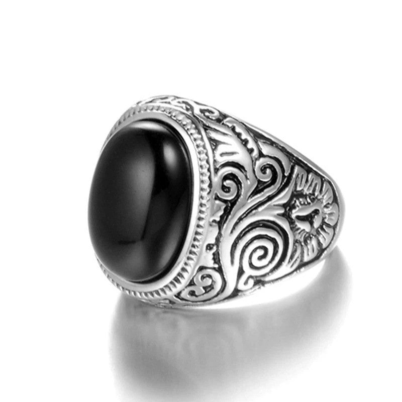 Mens Oval Black Onyx Silver Ring Stainless Steel Retro Biker Jewelry Size 8-12