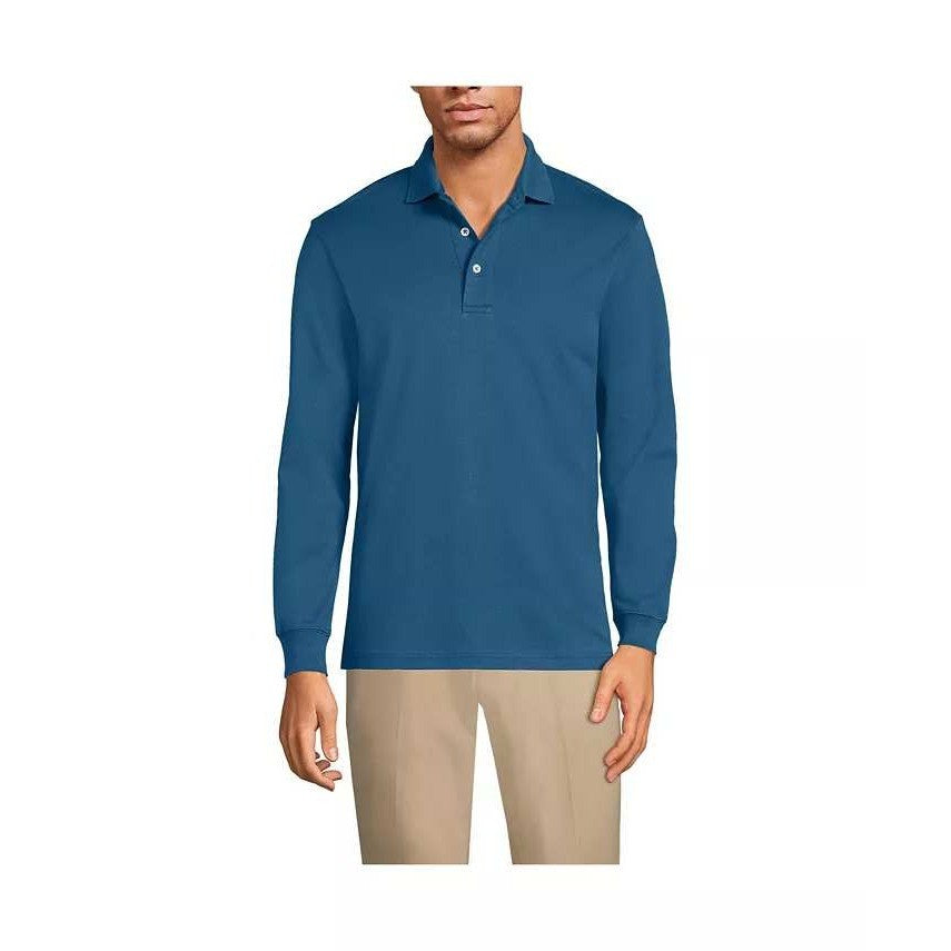 Lands' End Men's XL Long Sleeve 100% Cotton Supima Polo Shirt Evening Blue