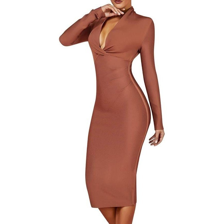 UONBOX Womens M Dress Deep Plunge V Neck Long Sleeves (Real color pic 2) Draped