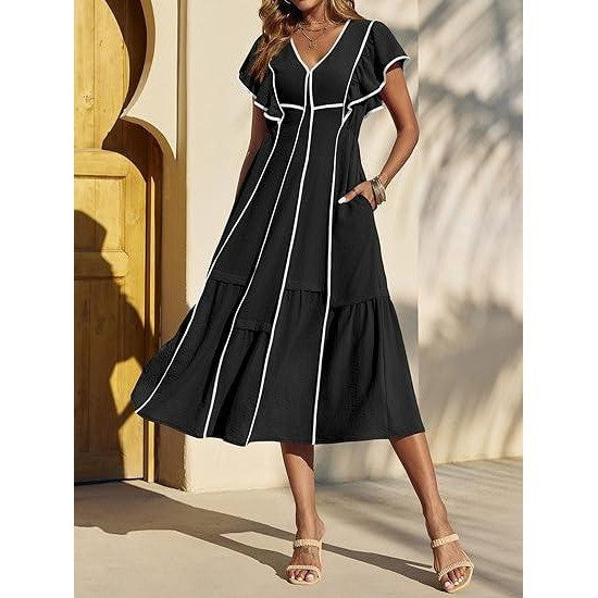 MSRP $48 Wenrine Women's S Black Summer V Neck Midi Dress Casual Ruffle Sleeve