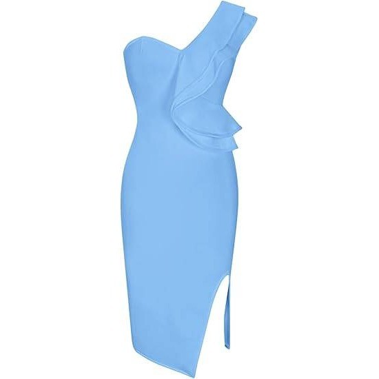 UONBOX Women's XS Light Blue One Shoulder Sleeveless Side Split Bandage Dress