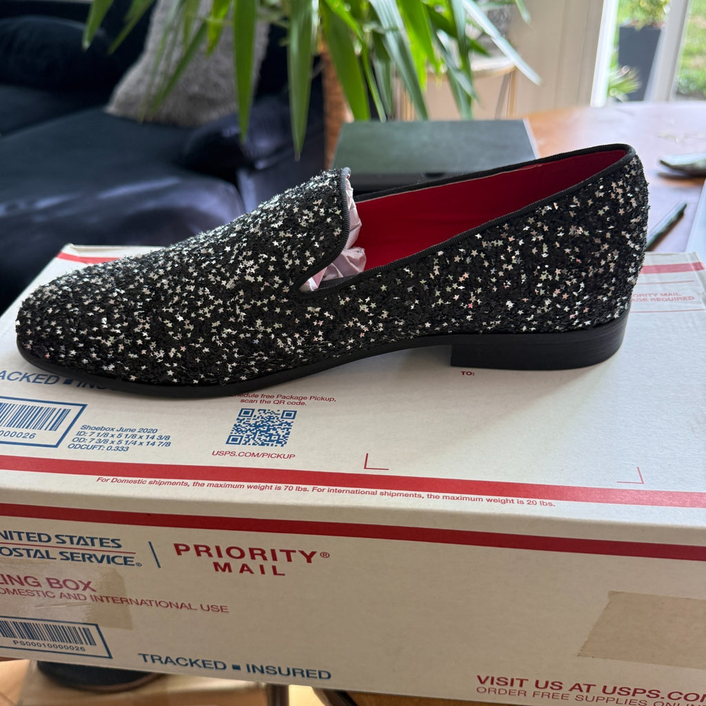 Santimon Mens US 8 - 11 Black Slip On Sequins Glitter Smoking Loafers Dress Shoe