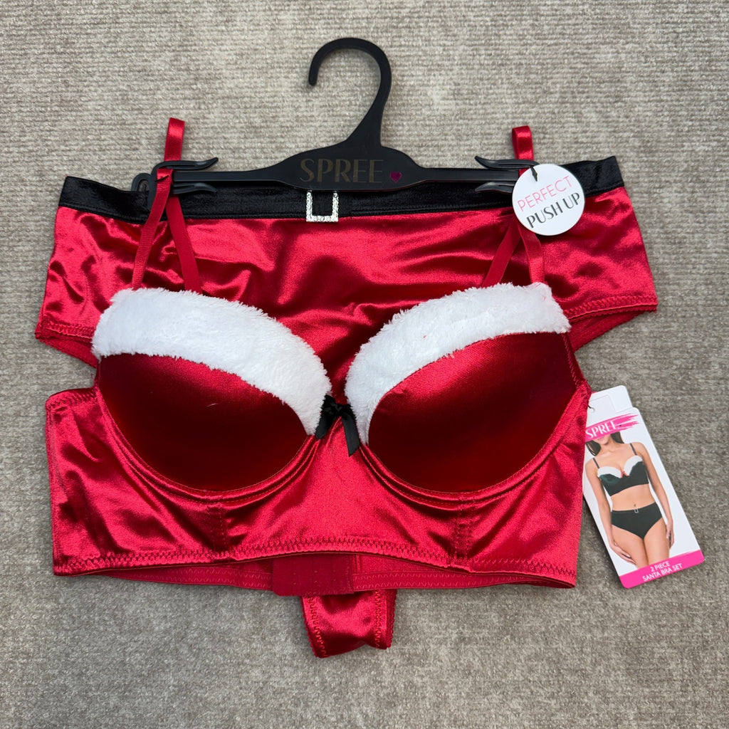 NWT Spree Intimates Women's M-XL Tango Red 2 Piece Santa Bra Set, Push Up