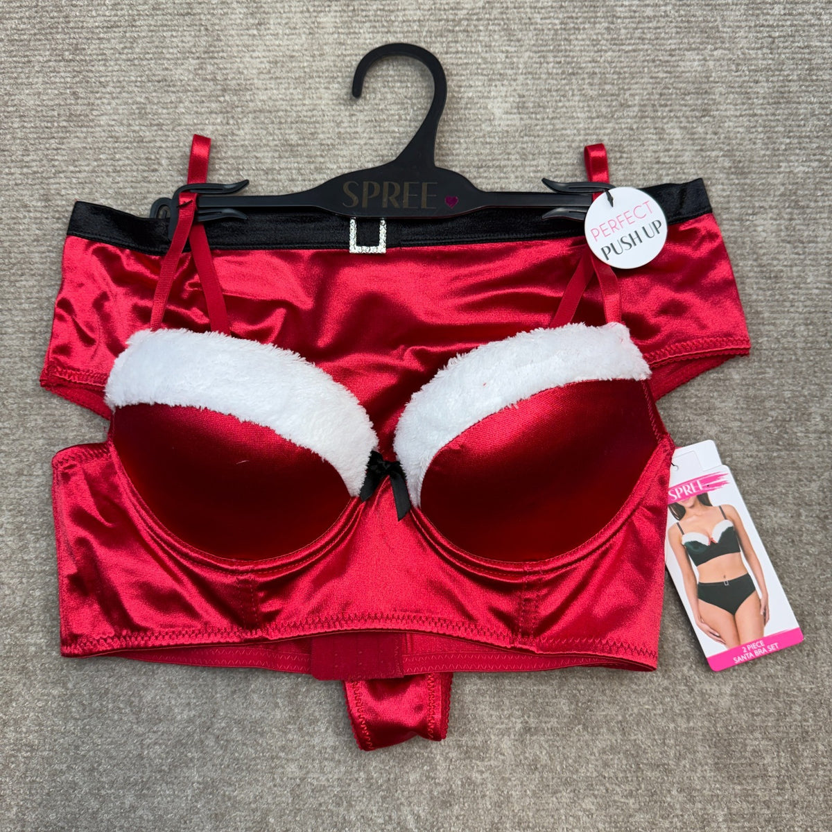 NWT Spree Intimates Women's M-XL Tango Red 2 Piece Santa Bra Set, Push Up