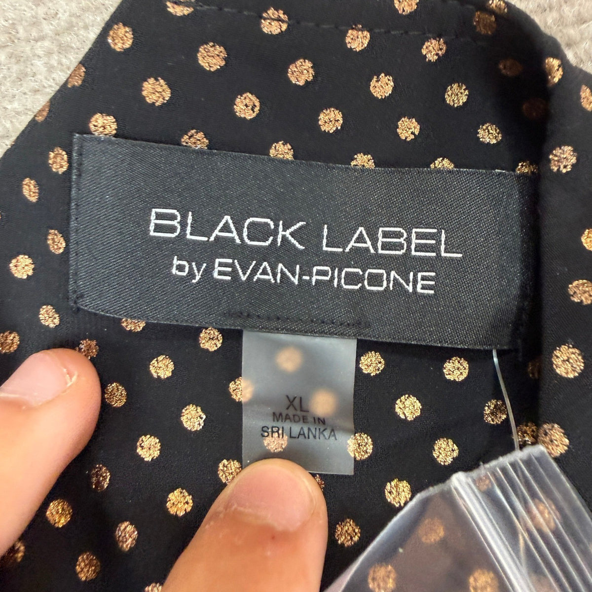 MSRP $64 Black Label by Evan-Picone Womens XL Black/Gold Polka Dot Blouse Top