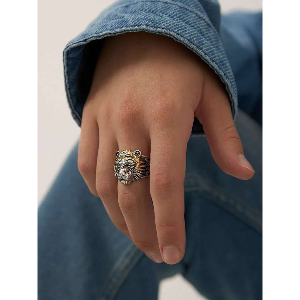 Tiger Head Ring Men's Two Tone Gothic Biker Rock Punk Size 9 Adjustable 8-10
