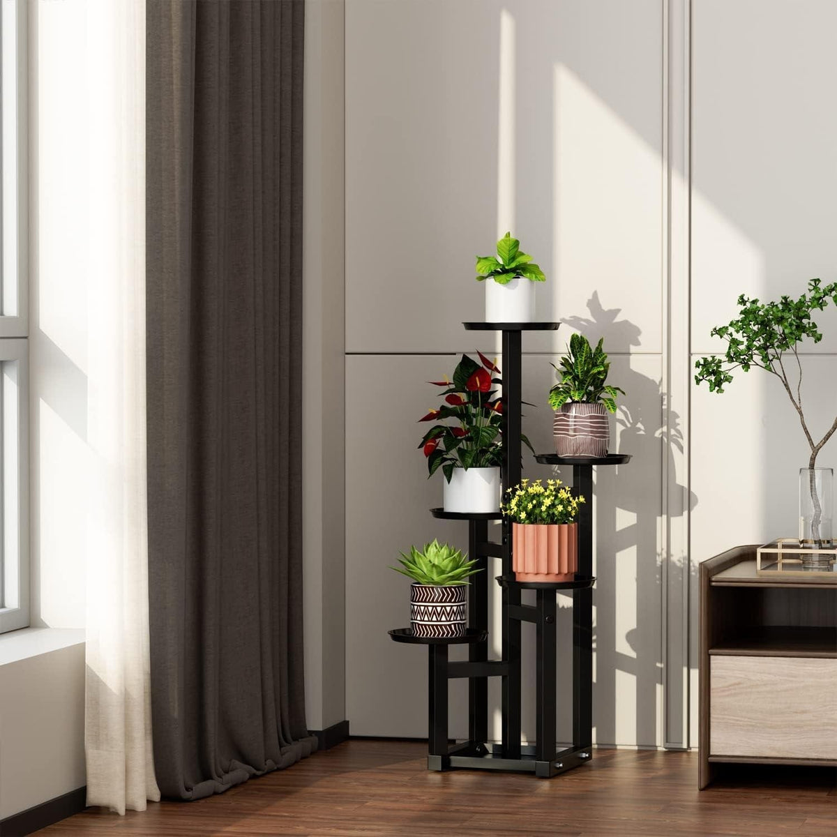 POTEY 5-Tier Black Metal Plant Stand, Tall Corner Display Shelf for Multiple