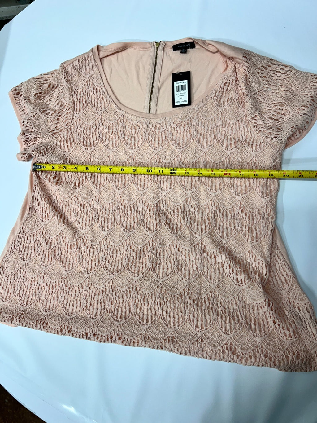 MSRP $48 Verve ami Blouse Women's Plus Sz 1X Lace Overlay Short Sleeve Peach Top