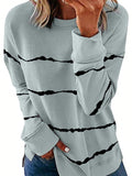Women's Fall Fashion Long Sleeve Crewneck Sweatshirt Stripe Print Loose Tops Gre