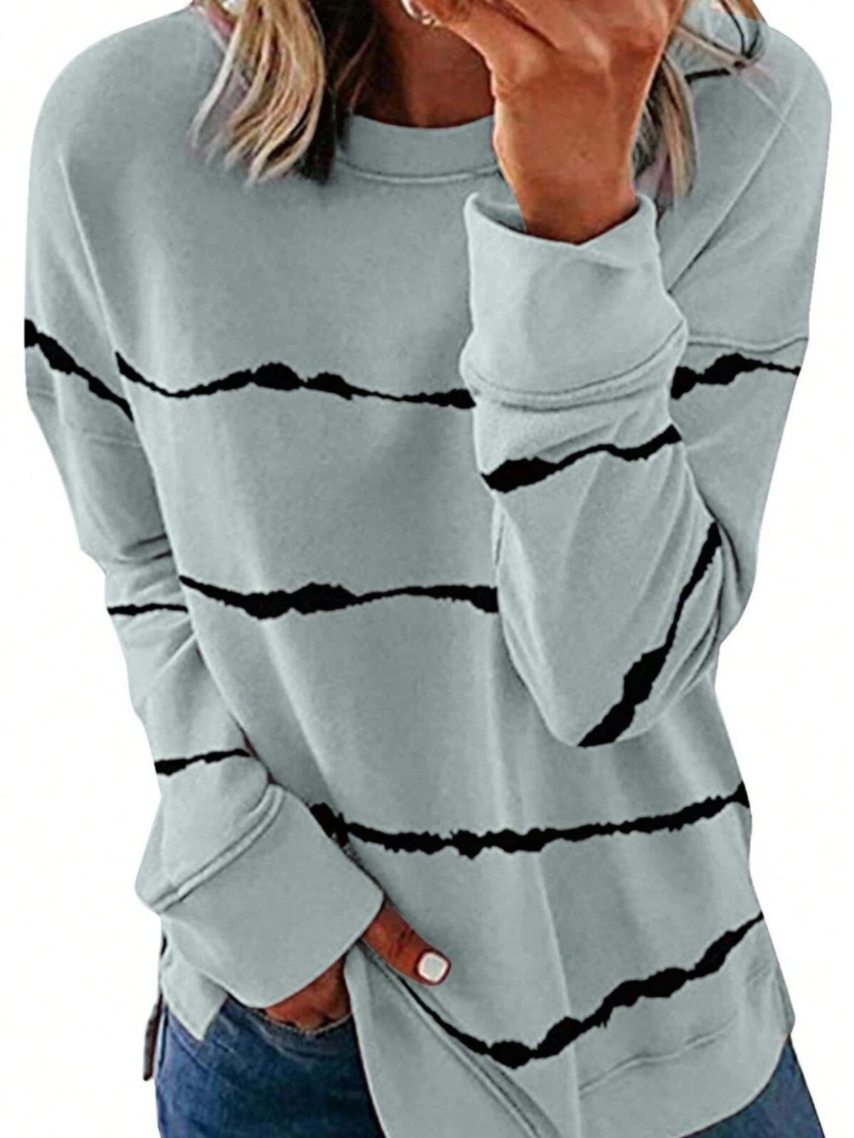 Women's Fall Fashion Long Sleeve Crewneck Sweatshirt Stripe Print Loose Tops Gre