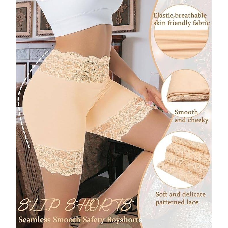 Hibluco Women's S Nude Slip Shorts For Under Dresses Lace Underwear Anti Chafin
