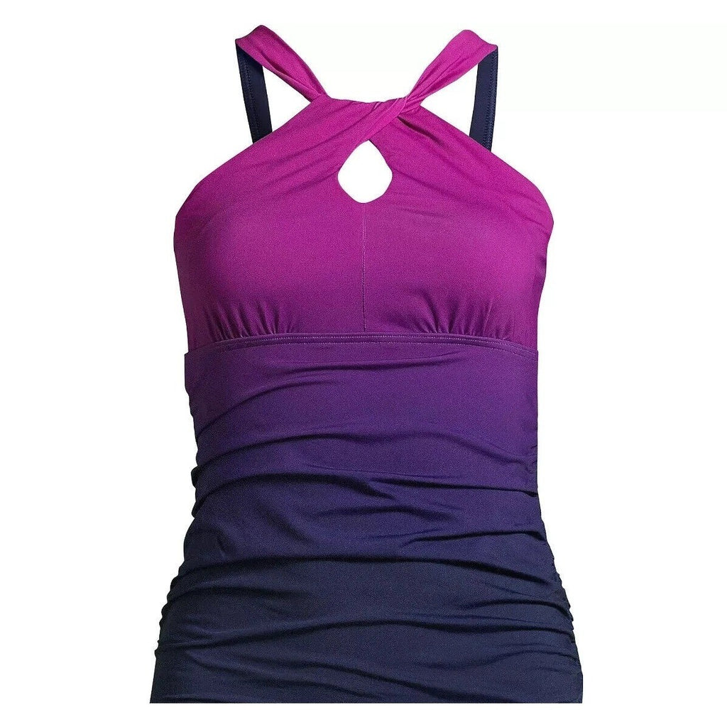 Lands' End Women's XS LONG High Neck Multi Way Tankini Swimsuit Top Violet Rose