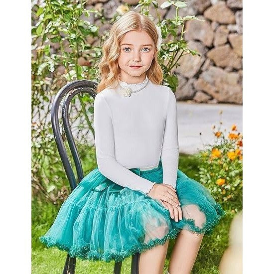 Set of 2 MSRP $26 Arshiner Girl's 11-12Y White Lettuce Trim Mock Neck Long Sleev