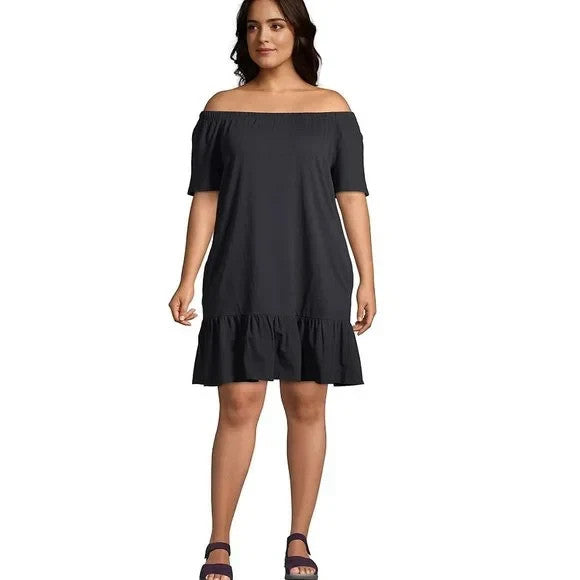 Lands' End Women's M-1X LONG Cotton Off Shoulder Ruffle Hem Swim Coverup Dress