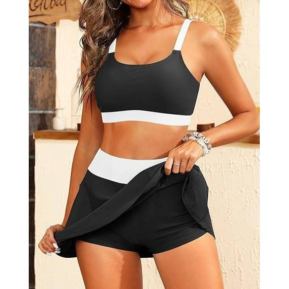 MSRP $31 Tempt Me Women's Black/White S High Waisted Bikini with Skirt Two Piec