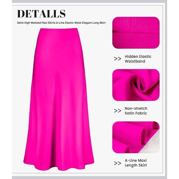 MSRP $48 TEDDIFY Women's S Hot Pink Satin Maxi Skirt High Waisted Elastic Waist