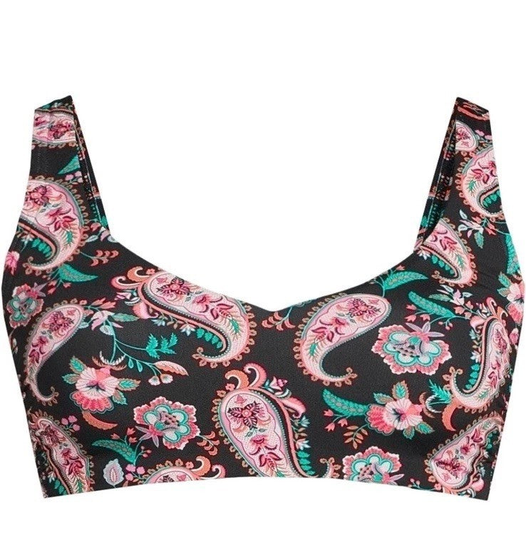 Lands' End Women's L, L LONG Black Paisley V Neck Smocked Bikini Top UPF50 This
