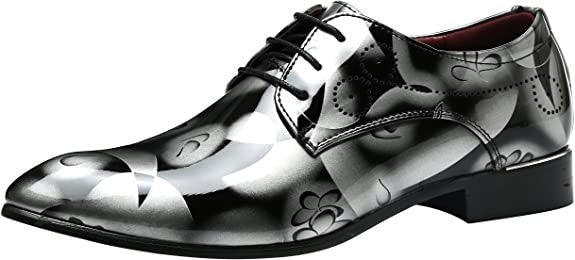 Santimon Mens US 9.5 Grey Floral Patent Leather Pointed Toe Oxford Shoes
