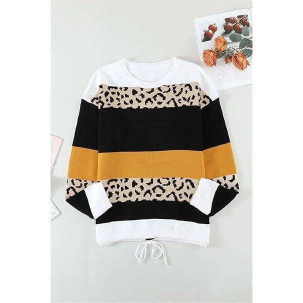 Women's XL Leopard Print Color Block Striped Knit Sweater Long Sleeve Crewneck
