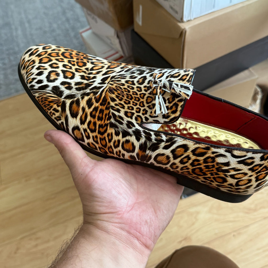 Santimon Men's US 7.5, 11 Leopard Print Tassel Slip On Loafers Dress Shoes