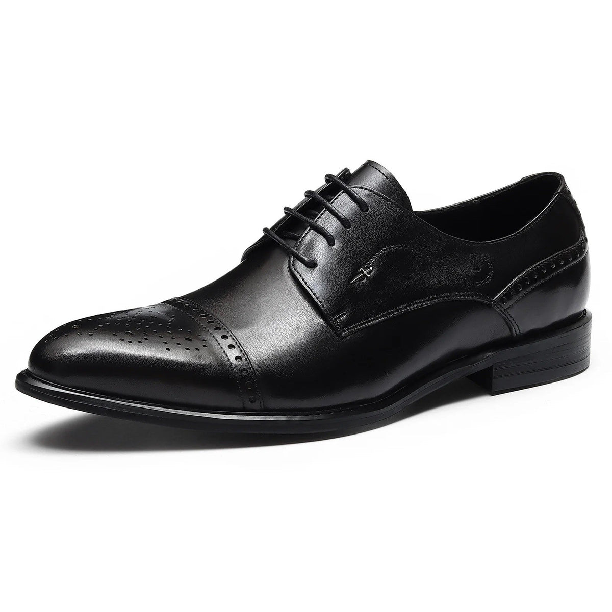 Santimon Mens US 9.5 Black Leather Pointed Toe Brogues Derby Lace Up Dress Shoes