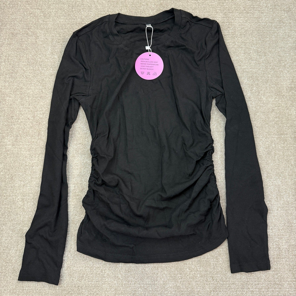 Oakgarden Women's S Black Ribbed Long Sleeve Shirt Cotton Crew Neck Top Ruched