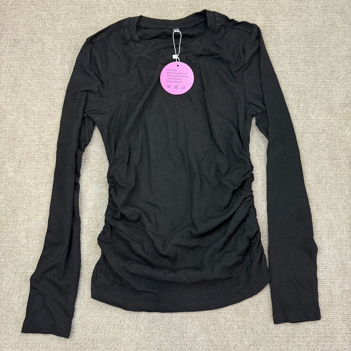 Oakgarden Women's S Black Ribbed Long Sleeve Shirt Cotton Crew Neck Top Ruched