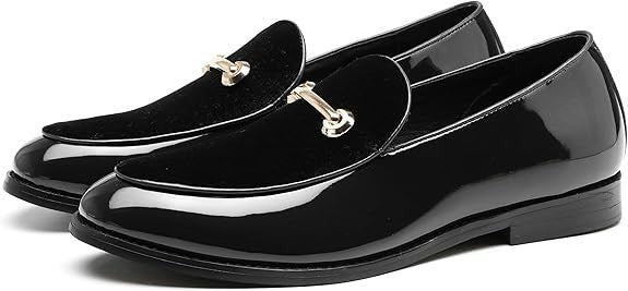 Santimon Men's US 10 Black Casual Smoking Loafers Suede Patent Leather Shoes