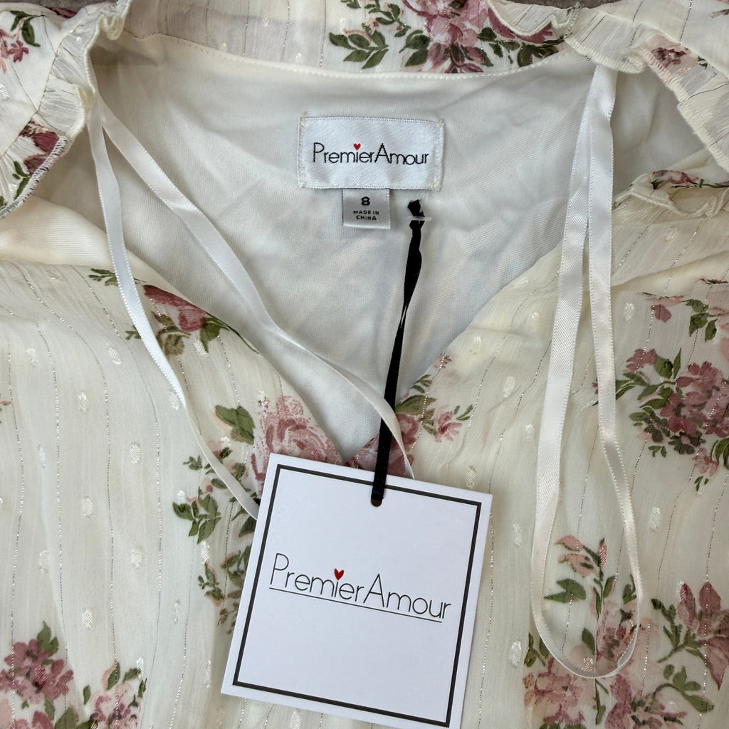 MSRP $99 Premier Amour Womens 8 Cream Blush Puffed Chiffon Maxi Dress V Neck