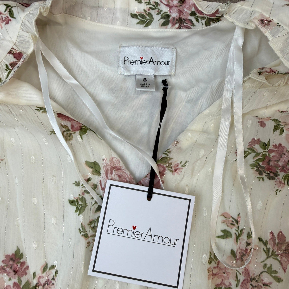 MSRP $99 Premier Amour Womens 8 Cream Blush Puffed Chiffon Maxi Dress V Neck