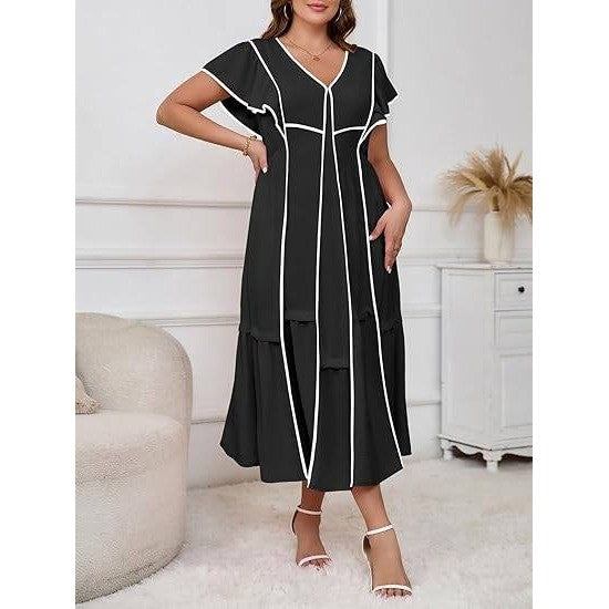 MSRP $48 Wenrine Women's S Black Summer V Neck Midi Dress Casual Ruffle Sleeve