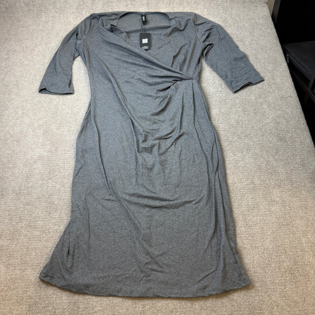 NWT 24Seven Comfort Apparel Womens L Gray Draped In Style V Neck Dress