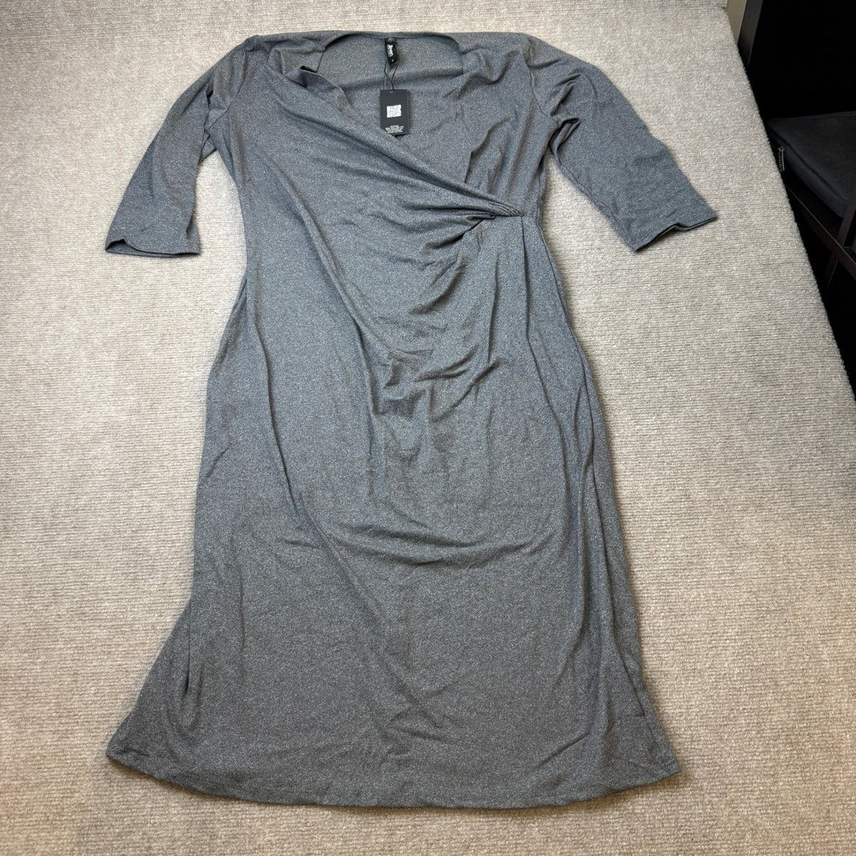 NWT 24Seven Comfort Apparel Womens L Gray Draped In Style V Neck Dress