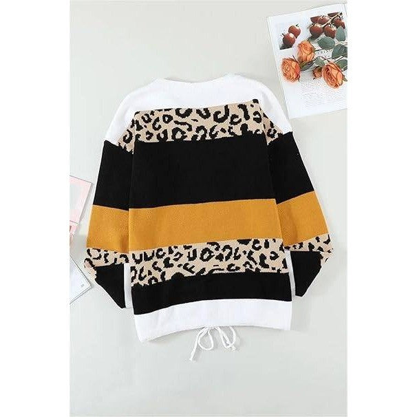Women's XL Leopard Print Color Block Striped Knit Sweater Long Sleeve Crewneck