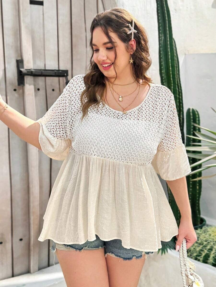Dreamara Women's Plus Size 1XL Apricot Knitted Ruffle Trim Blouse For Holiday Su