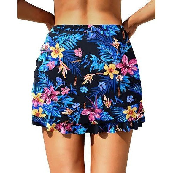 MSRP $26 Pinup Fashion Women's L Blue Floral High Waisted Swim Skirt Draw
