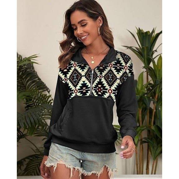 Women's Black L Casual Aztec Geometric Half Zip Sweatshirt Long Sleeve Collar