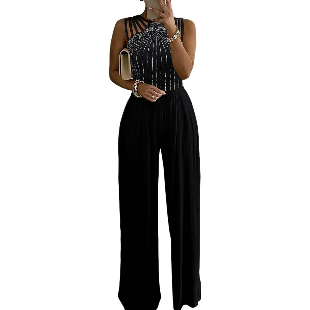 MSRP $52 CHICME Women's M One Piece Jumpsuit Rhinestone Cutout Ruched Wide