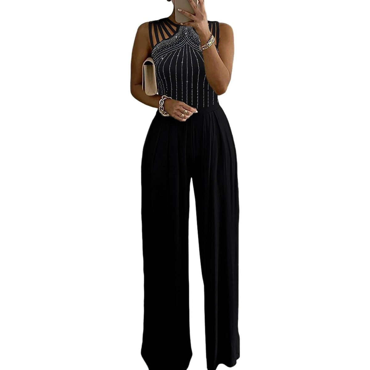 MSRP $52 CHICME Women's M One Piece Jumpsuit Rhinestone Cutout Ruched Wide