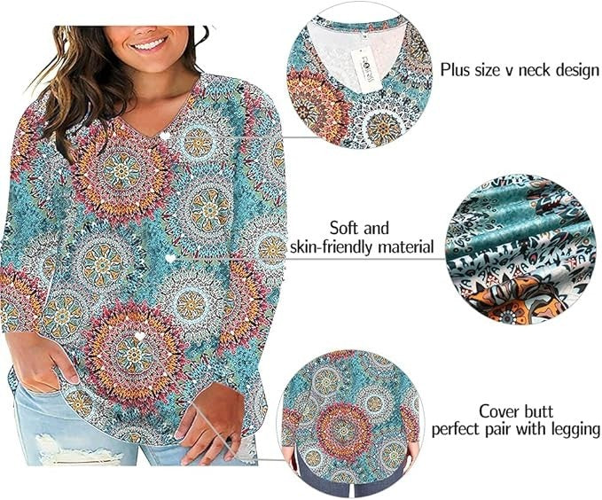 ROSRISS Womens Plus Size 14W-28W Top Long Sleeve Tee V-Neck Tunic Blouse T-Shirt